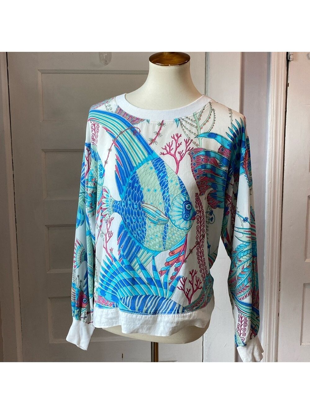Salvatore Ferragamo Vintage Silk Aquarium Print Blouse, Size S